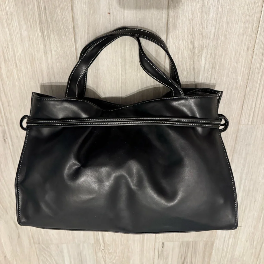 Black Top Handle Bag with White Stitching